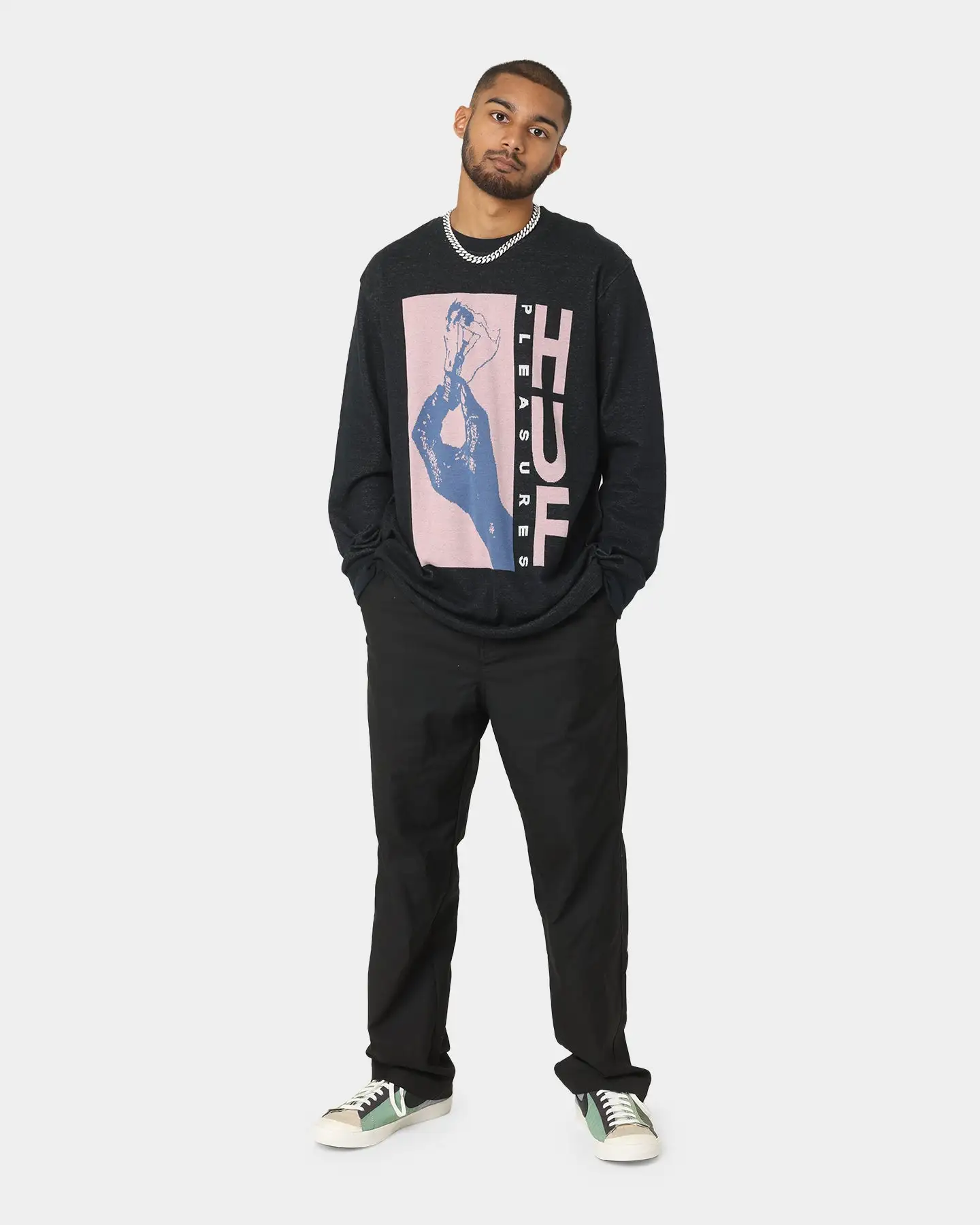 HUF X Pleasures Light Up Jacquard Long Sleeve Knit T-Shirt Black - Image 2
