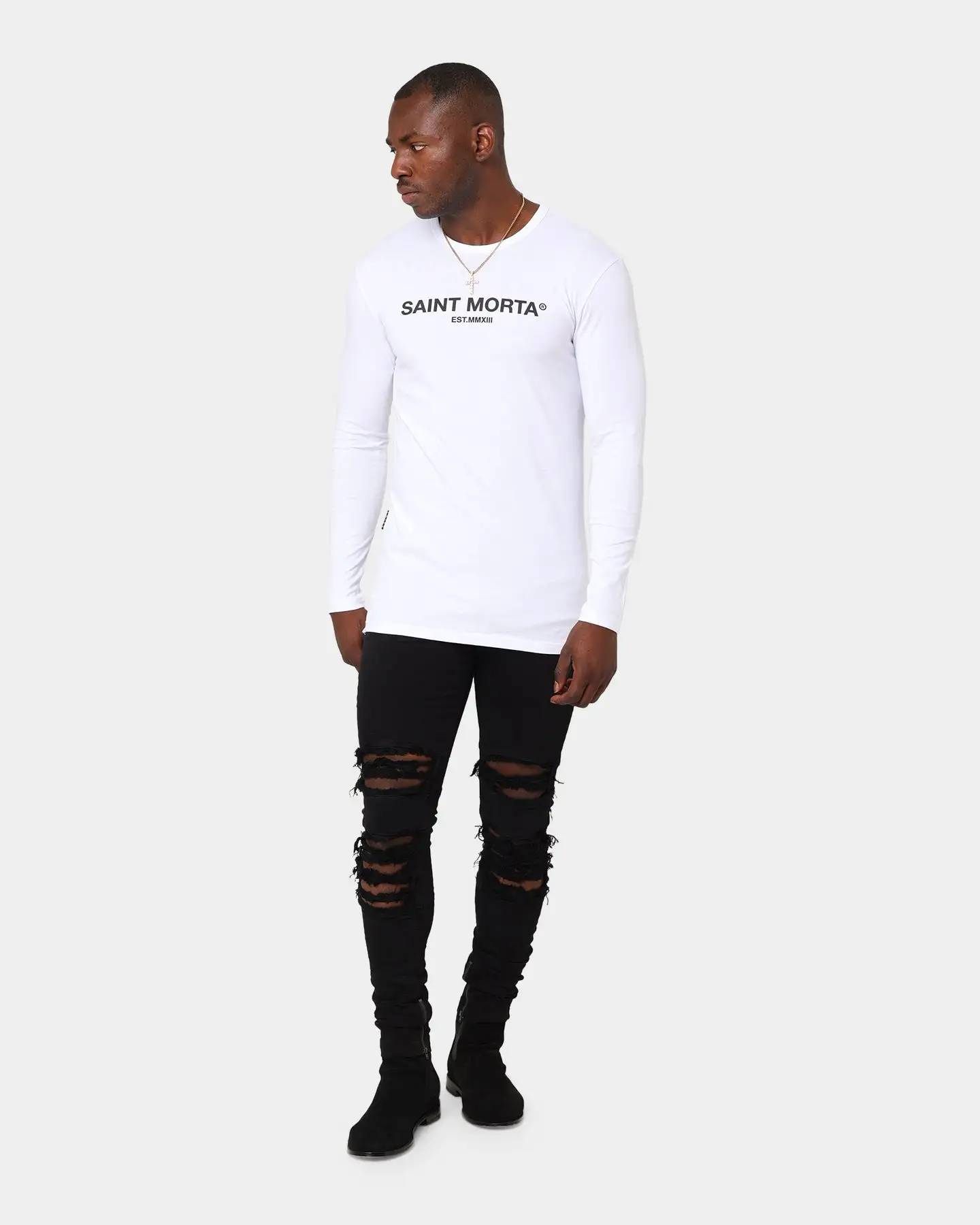 Saint Morta Homage Drop Tail Long Sleeve T-Shirt White/Black - Image 2