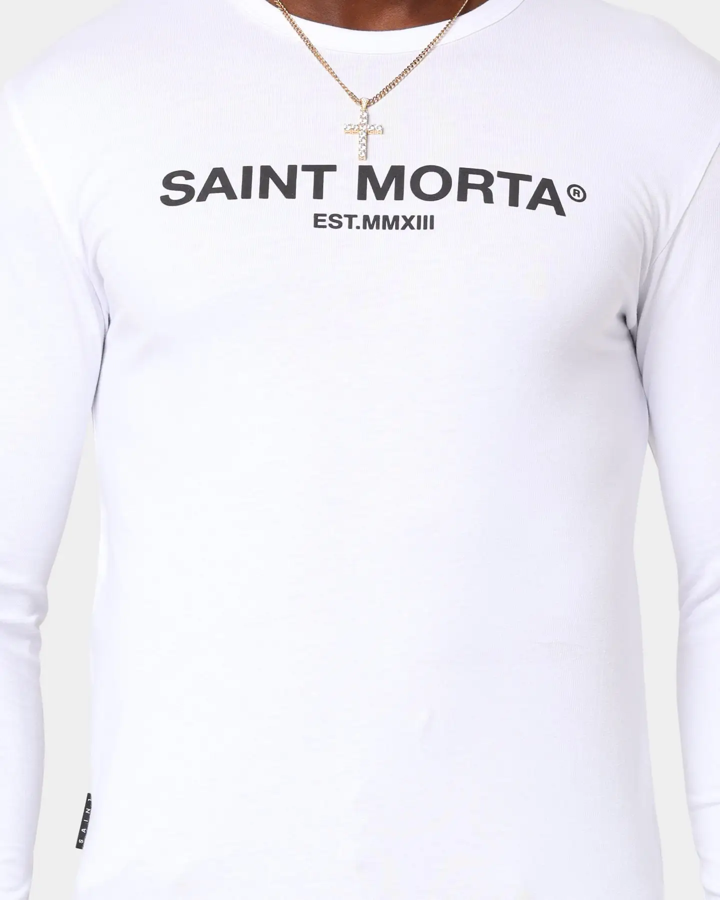 Saint Morta Homage Drop Tail Long Sleeve T-Shirt White/Black - Image 3