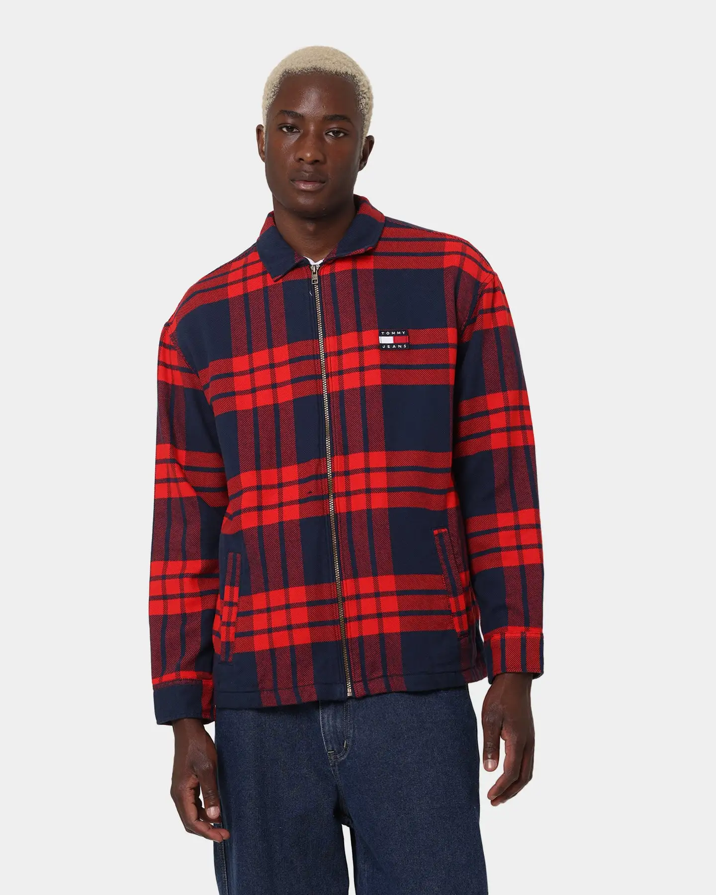 Tommy Jeans TJM Buffalo Check Zip Overshirt Deep Crimson